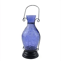 Transparent Blue Glass Bottle Tea Light Candle Lantern with Flower Etching