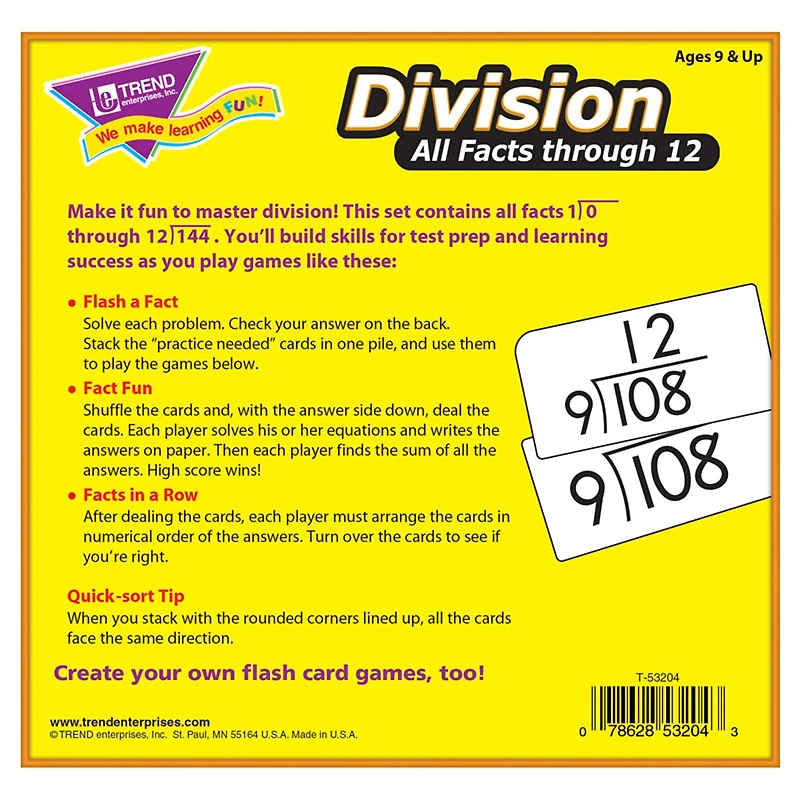 Trend Enterprises® 3” x 6” Division Math 0-12 All Facts Skill Drill Flash Cards