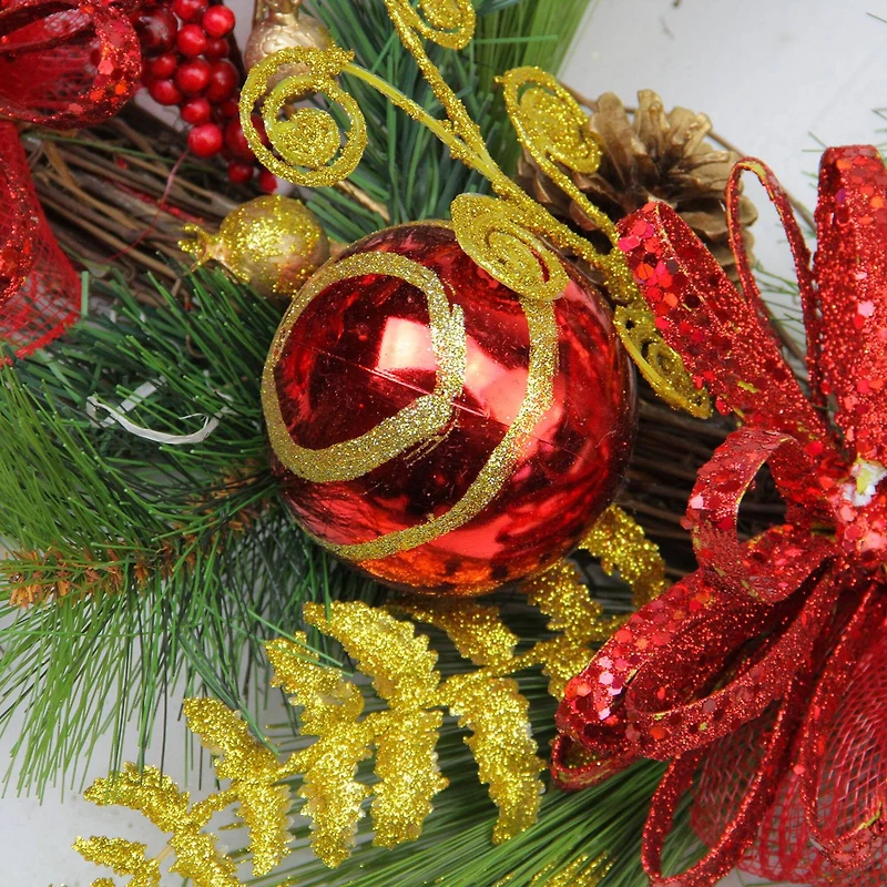 28" Unlit Red Ornament & Gold Glittered Teardrop Swag