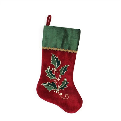 20.5" Holly Embroidered Velvet Stocking