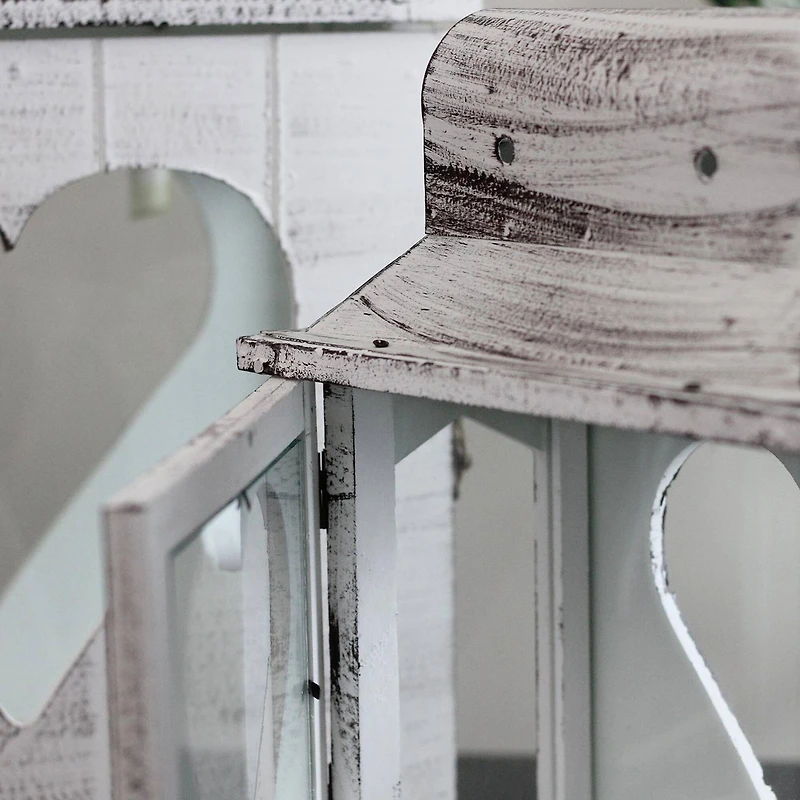 White Washed Wooden Candle Holder Lantern Set, 13" & 17.75"