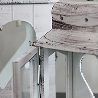 White Washed Wooden Candle Holder Lantern Set, 13" & 17.75"