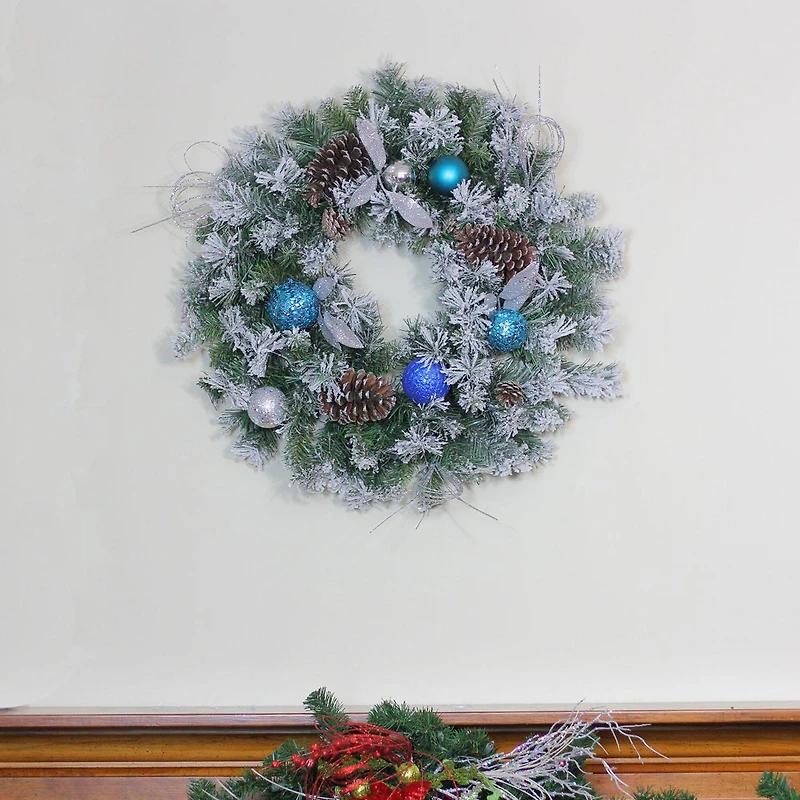 24" Teal & Silver Ball Flocked with Pinecones Artificial Wreath