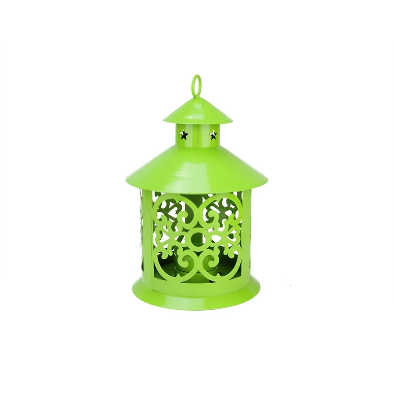 8" Shiny Candle Holder Lantern with Star & Scroll Cutouts