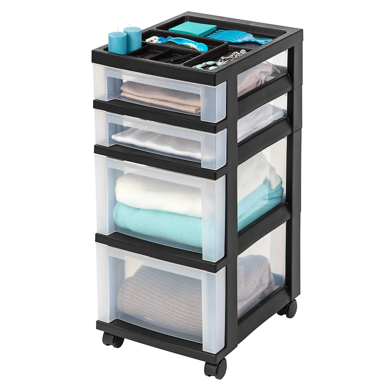 Iris® Black 4-Drawer Storage Cart with Organizer Top