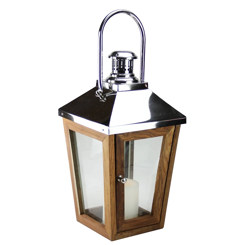 24.75" Beach Day Stainless Steel & Sheesham Wood Lantern