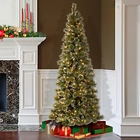 7.5 ft. Pre-lit Hinged Glittery Bristle Pine Slim Artificial Christmas Tree, Soft White LED Lights