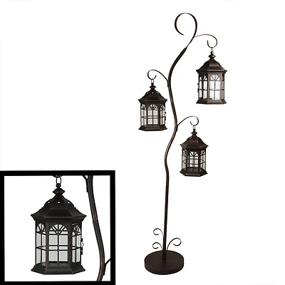 60" Copper Brown Pillar Candle Holder Tree with 3 Lanterns