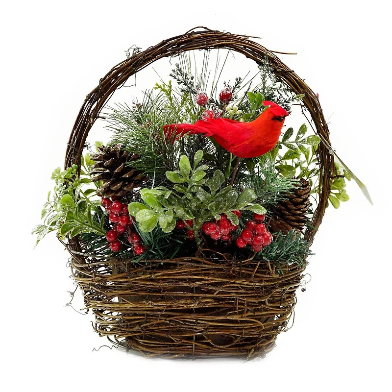 12" Red Cardinal with Foliage in Twig Basket Decoration