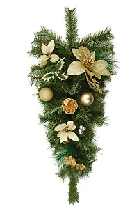 32" Unlit Gold Poinsettia, Pine Cone & Ball Teardrop Swag