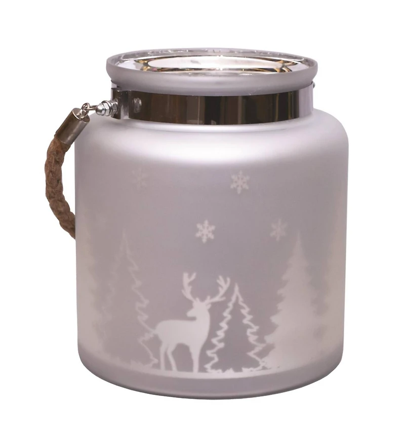 8" Matte Silver Winter Scene Christmas Pillar Candle Lantern