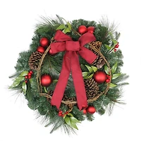 24" Red Ball Ornaments & Pinecones Artificial Pine Wreath