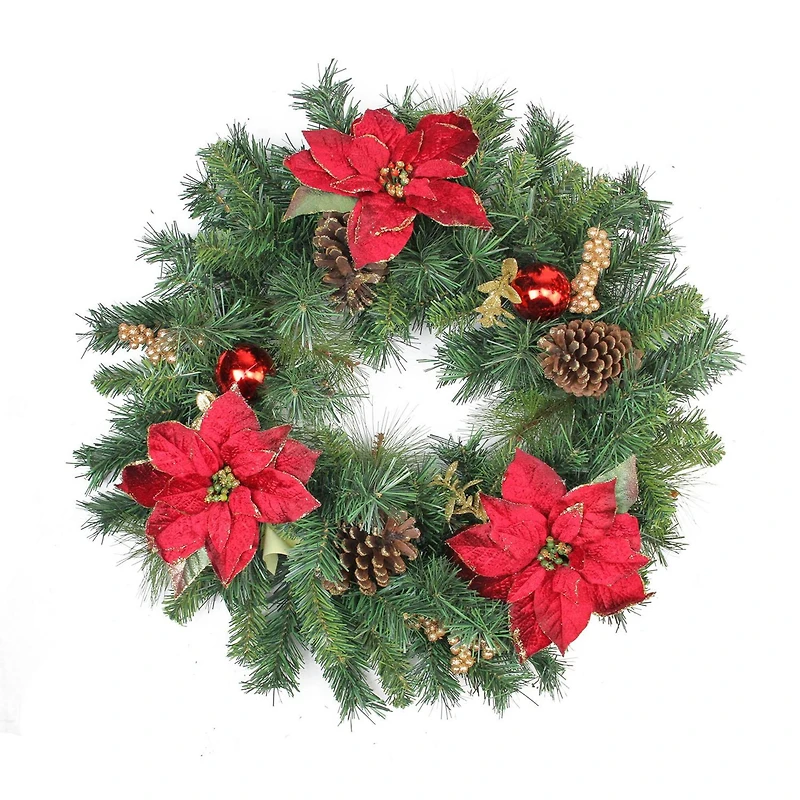 24" Poinsettias & Pinecones Artificial Wreath