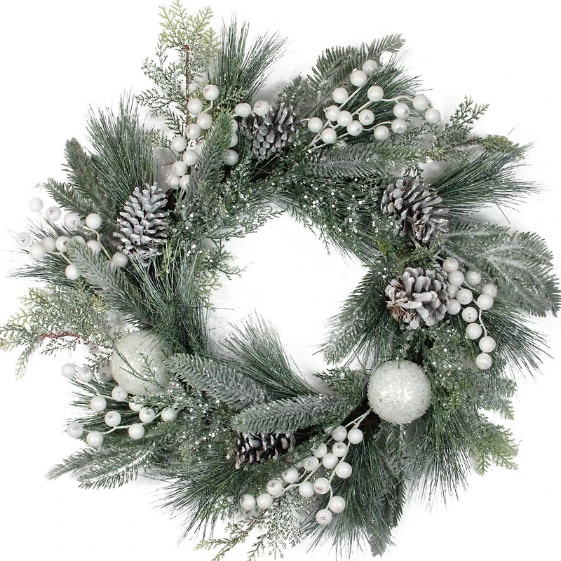 24" Frosted Artificial Mixed Pine and Pine Cone Wreath with Berries, Unlit