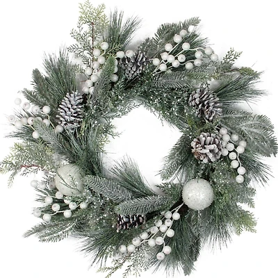 24" Frosted Artificial Mixed Pine and Pine Cone Wreath with Berries, Unlit