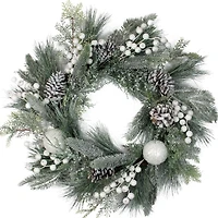 24" Frosted Artificial Mixed Pine and Pine Cone Wreath with Berries, Unlit