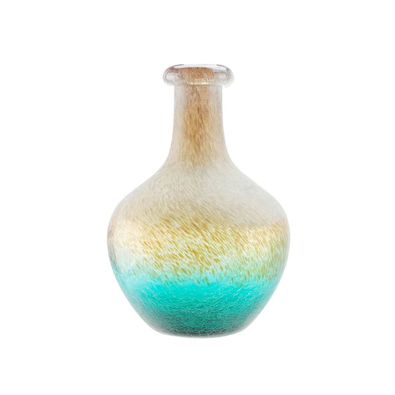 12.25" Crackled & Frosted Glass Vase, Teal Blue & Brown