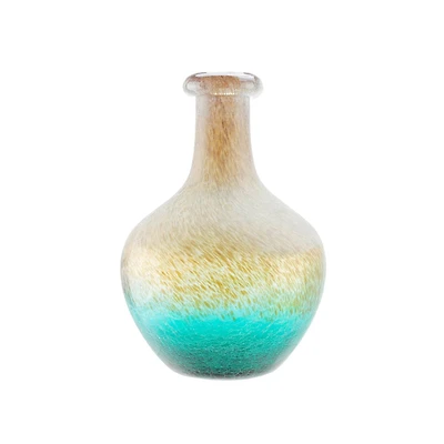 12.25" Crackled & Frosted Glass Vase, Teal Blue & Brown