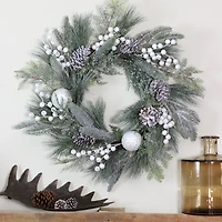 24" Frosted Artificial Mixed Pine and Pine Cone Wreath with Berries, Unlit