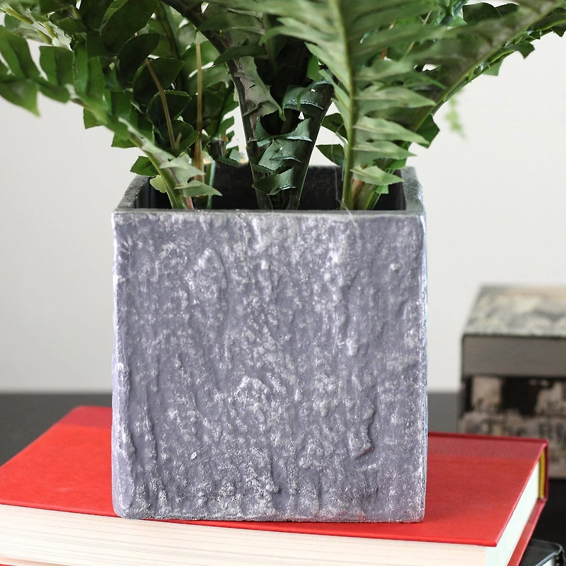 13" Artificial Boston Fern In Stone Look Paper Maché Pot