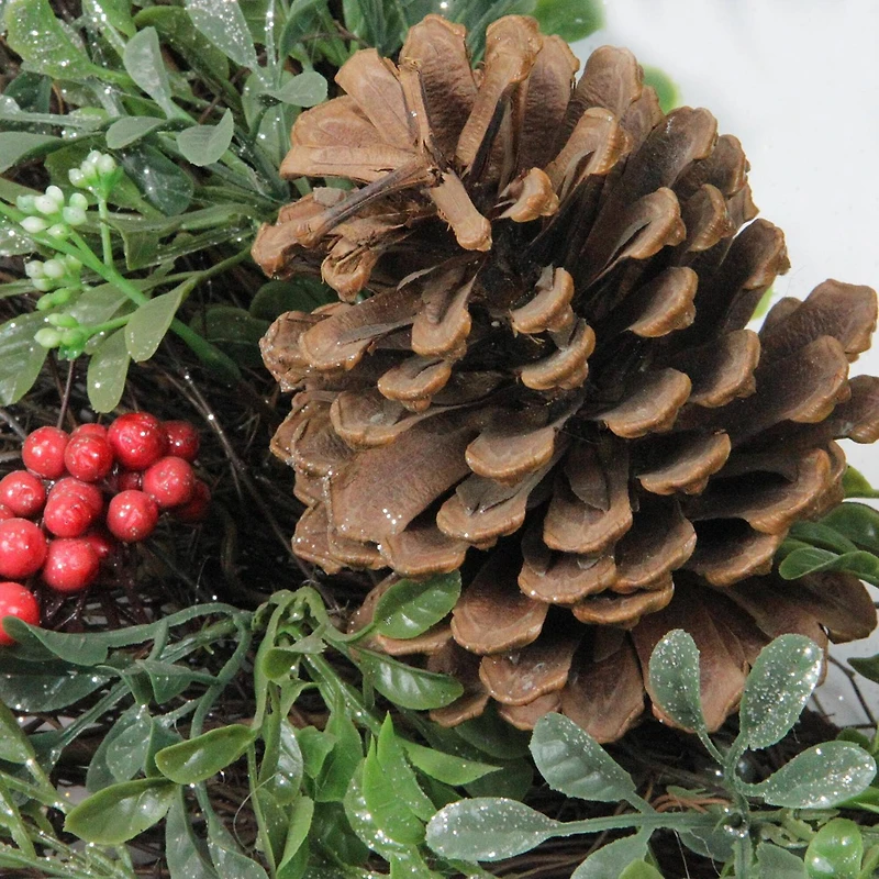 24" Glittered Artificial Boxwood Pine Cones & Red Berry Wreath, Unlit