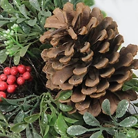 24" Glittered Artificial Boxwood Pine Cones & Red Berry Wreath, Unlit