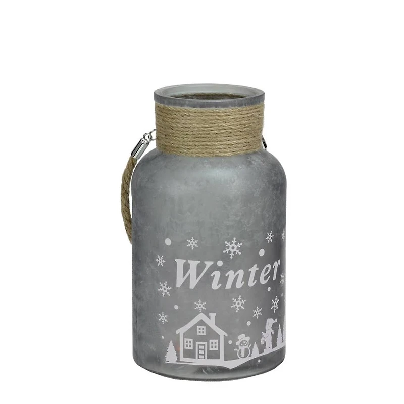 10" Silver Winter Scene Christmas Pillar Candle Lantern