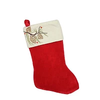 19" Pine Cone Embroidered Suede Cuff Stocking, Red