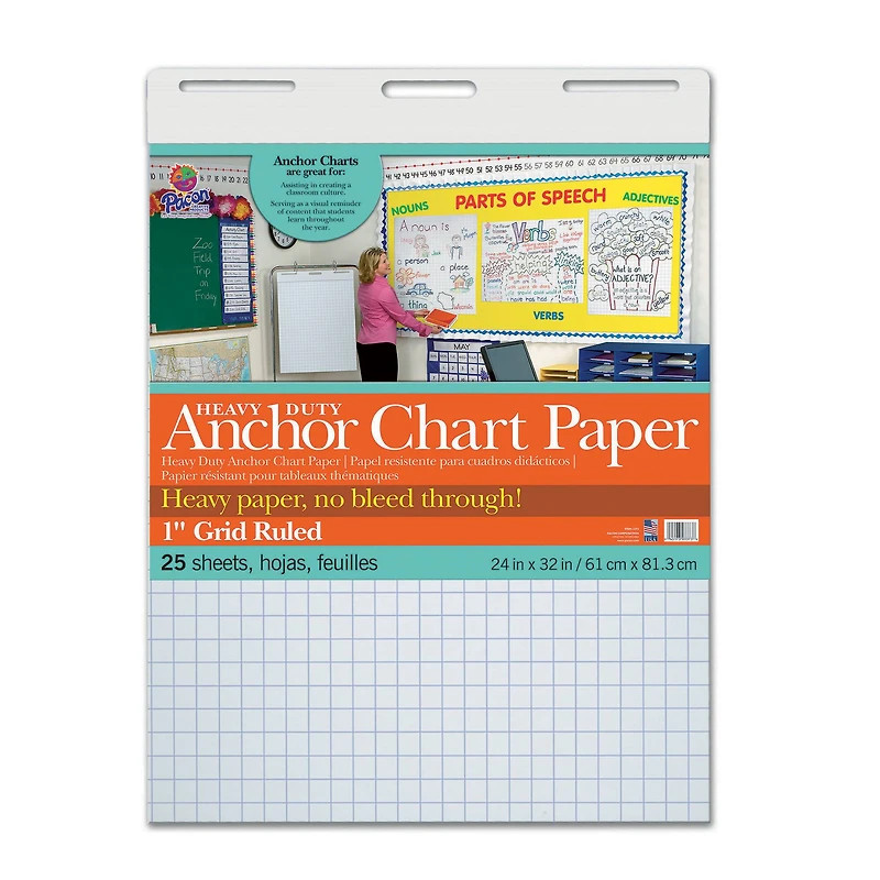 1" Grid Ruled Heavy Duty Anchor Chart Paper, 24" x 32", 25 Sheets