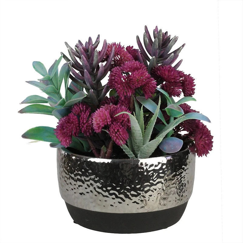 8" Artificial Succulent Arrangement In Silver Ceramic Pot
