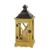 17.5" Rustic Wooden Lantern with Flameless Pillar Candle