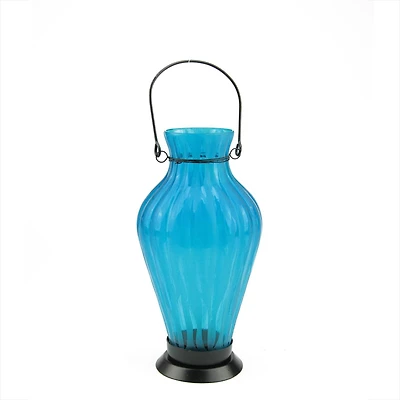 9.5" Frosted Blue Ribbed Vase Glass Bottle Tea Light Candle Lantern
