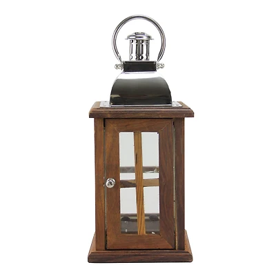 18" Modern Sheesham Wood Candle Lantern with Metal Handle