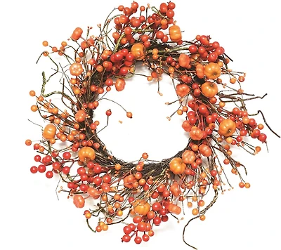 20" Autumn Harvest Decorative Artificial Fall Orange Berry and Mini Pumpkin Wreath