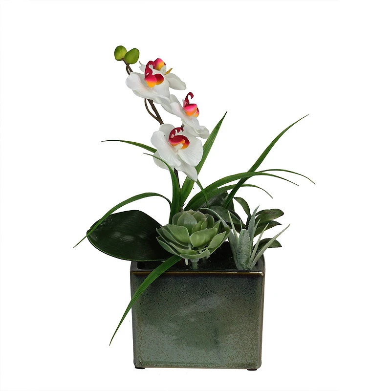 12" White Springtime Easter Orchid & Succulents Artificial Arrangement In Planter