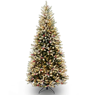 7.5 ft. Pre-Lit Flocked Dunhill® Fir Slim Artificial Christmas Tree, Clear Lights