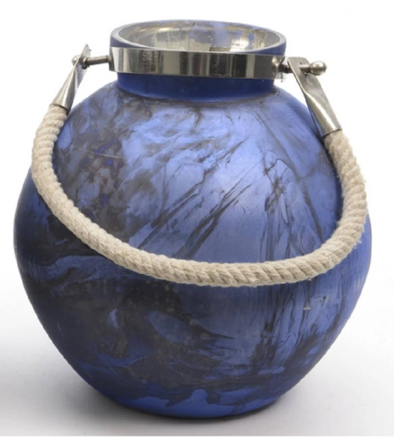 14.5" Seaside Treasures Indigo & Black Marbled Glass Hurricane With Rope Handle