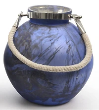 14.5" Seaside Treasures Indigo & Black Marbled Glass Hurricane With Rope Handle
