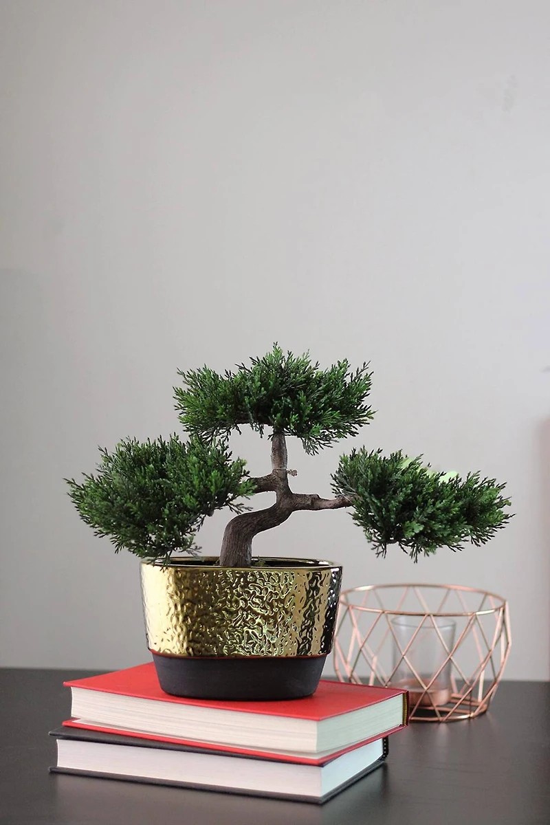 10" Green Artificial Bonsai Tree in Gold Plated Ceramic Pot