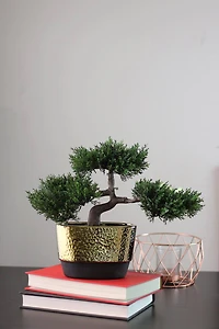10" Green Artificial Bonsai Tree in Gold Plated Ceramic Pot