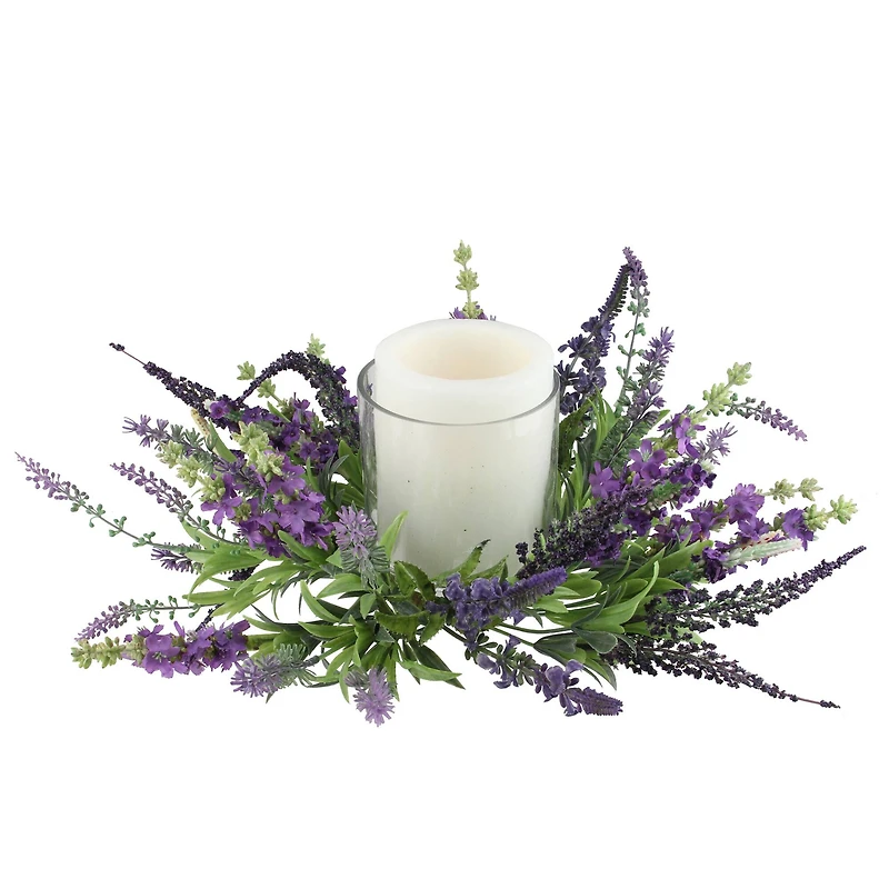 15" Purple Artificial Lavender Hurricane Glass Candle Holder