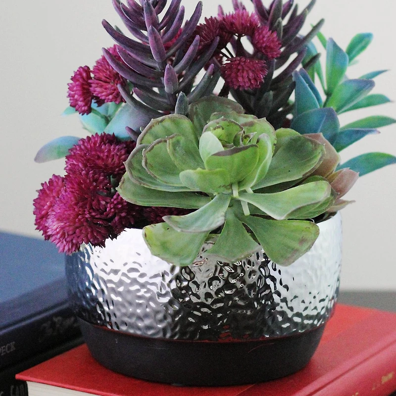 8" Artificial Succulent Arrangement In Silver Ceramic Pot