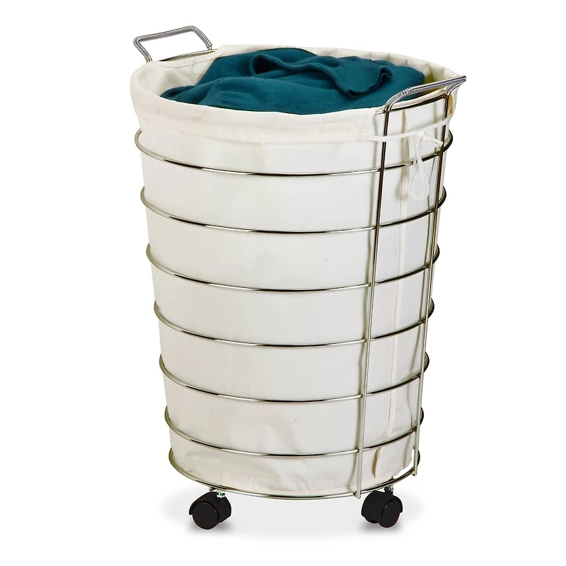 Honey Can Do 25" Chrome & White Rolling Hamper