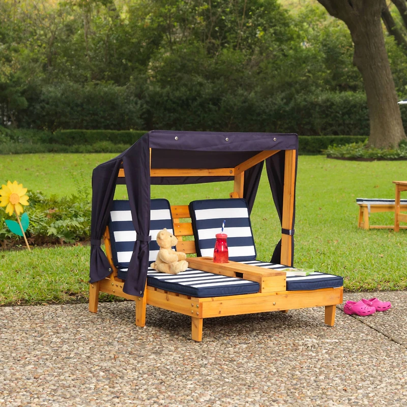 KidKraft Double Chaise Lounge with Cup Holders, Honey & Navy