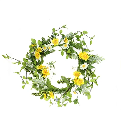 24" White & Yellow Field Daisy & Berry Wreath
