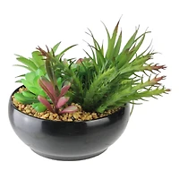 6" Green & Red Artificial Succulent Arrangement in Black Bowl