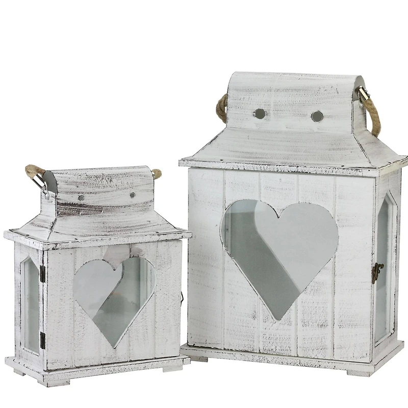 White Washed Wooden Candle Holder Lantern Set, 13" & 17.75"