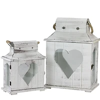 White Washed Wooden Candle Holder Lantern Set, 13" & 17.75"