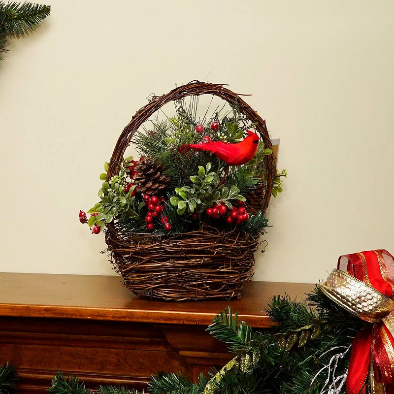 12" Red Cardinal with Foliage in Twig Basket Decoration
