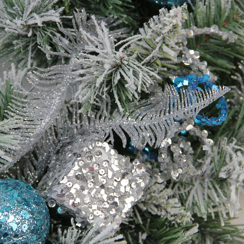 24" Blue & Silver Sequin Ornaments Artificial Flocked Pine Wreath